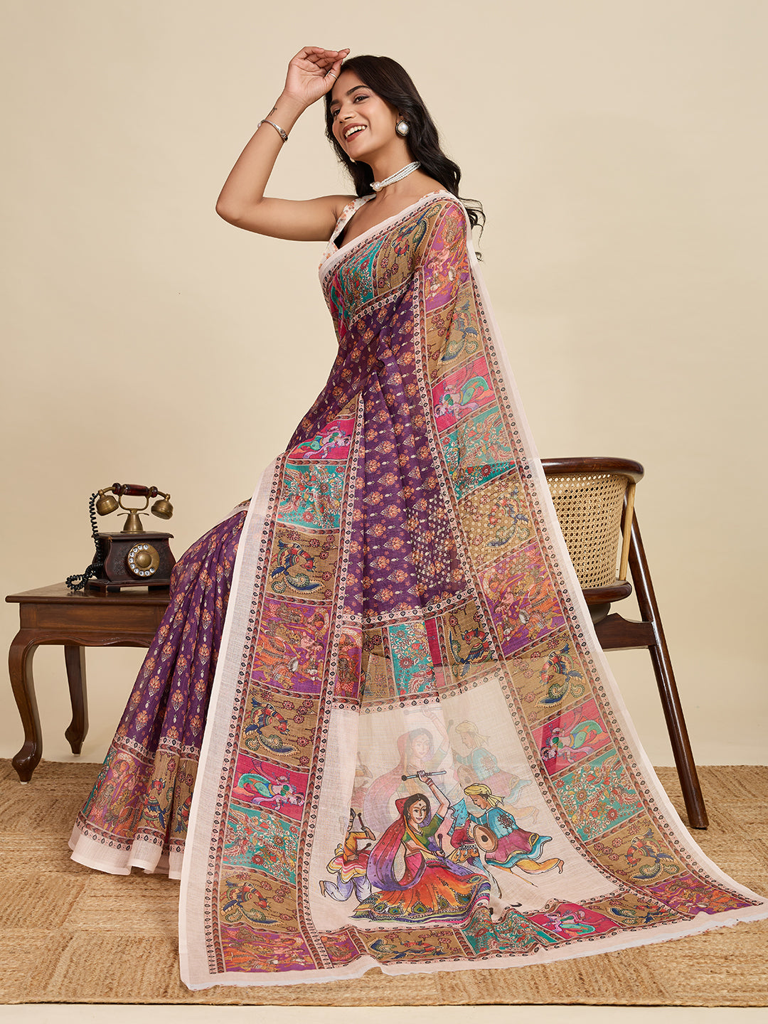 Multi Linen Cotton Saree With Digital Printed Work And Silver Zari Border