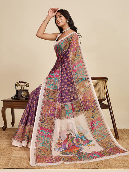 Multi Linen Cotton Saree With Digital Printed Work And Silver Zari Border
