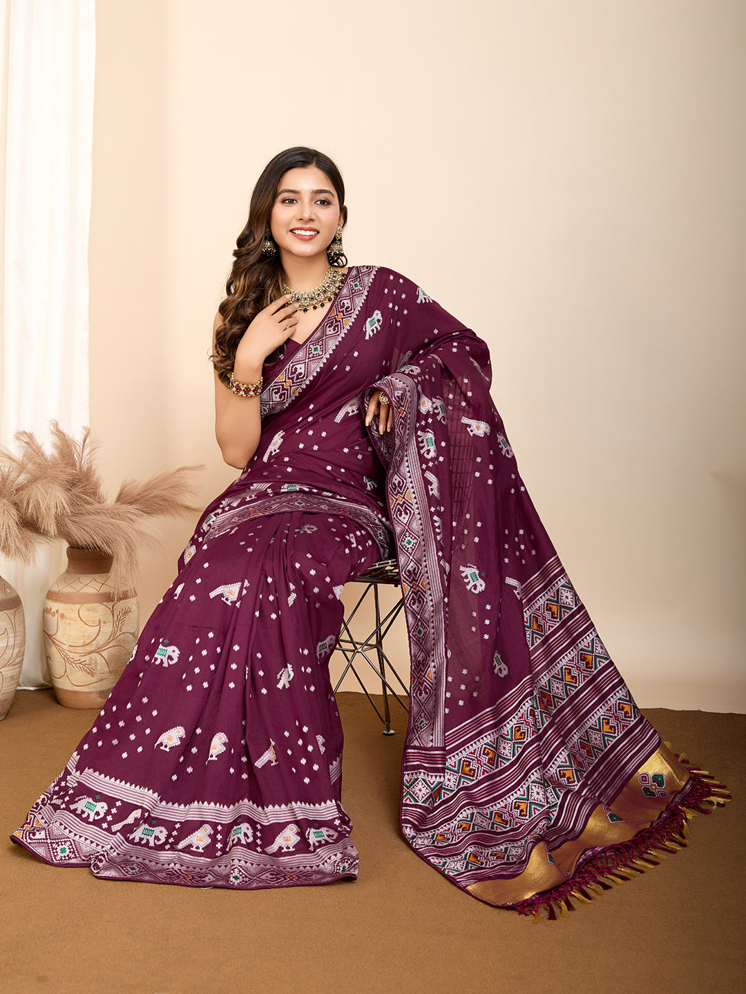 Traditional Muslin Dola Silk Saree With Meenakari Zari Weaving Work
