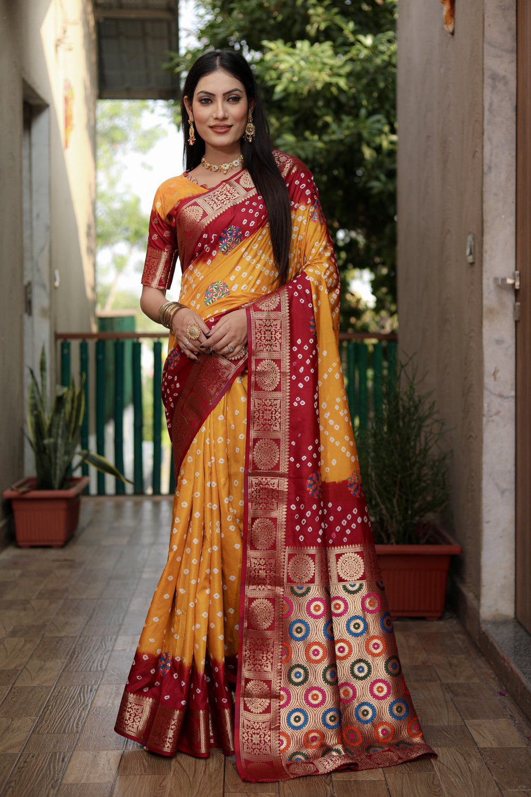 Multi Color Soft Bandhej Silk Saree With Zari Weaving Work
