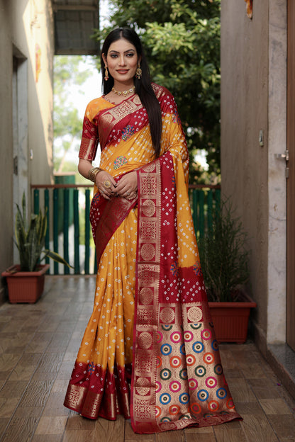 Multi Color Soft Bandhej Silk Saree With Zari Weaving Work
