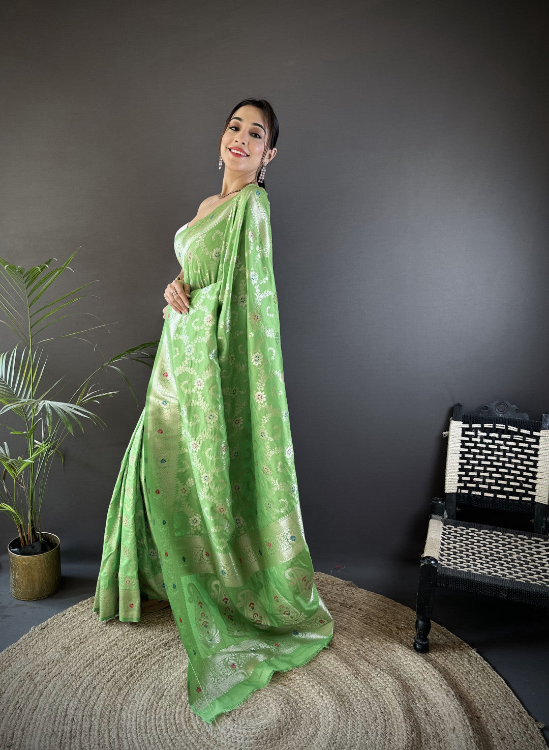 Parrot Green Soft Katan Banarasi Silk Saree With Meenakari Zari Weaving Work