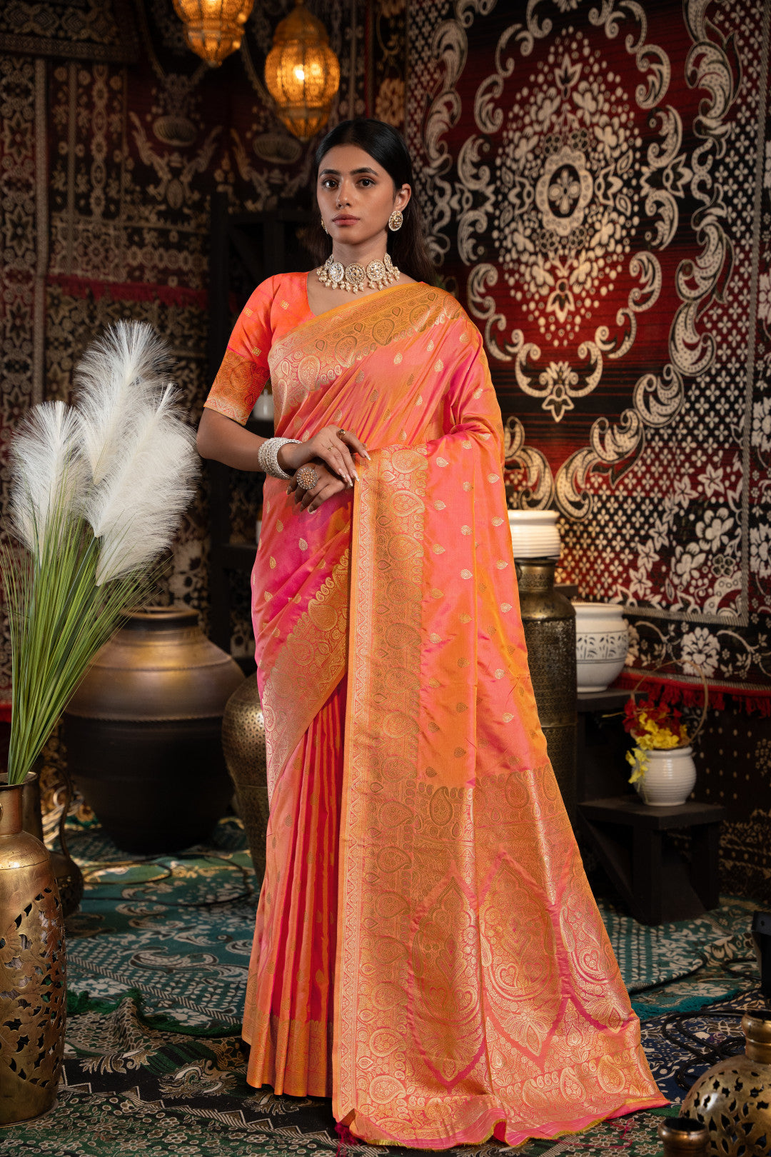 Peach Banarasi Silk Saree With Zari Woven Work