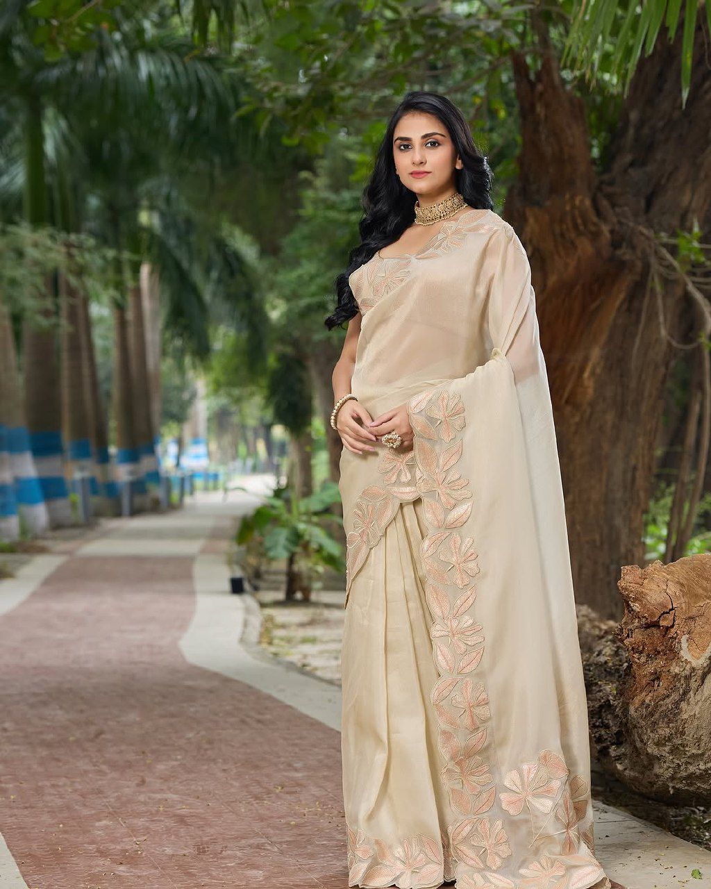 Beige Organza Silk Saree With Sequence Embroidery With Beautiful Cutting Border