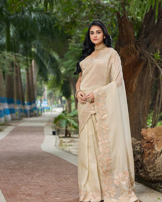 Beige Organza Silk Saree With Sequence Embroidery With Beautiful Cutting Border