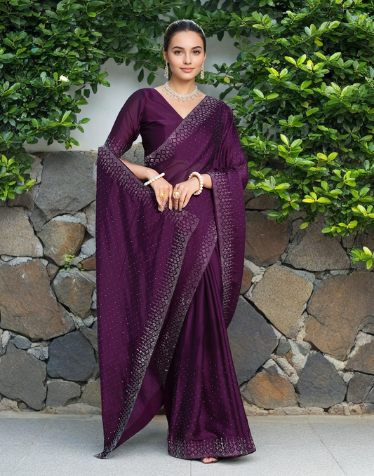 Fancy Wine Rangoli Silk Saree With Diamond Work