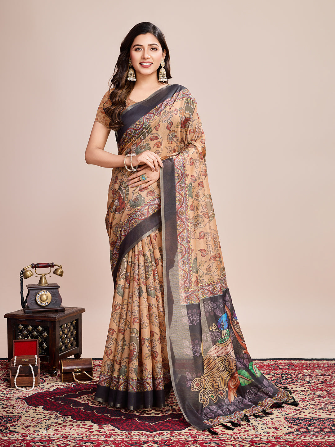 Multi Soft Linen Cotton Saree With Floral Printed Work