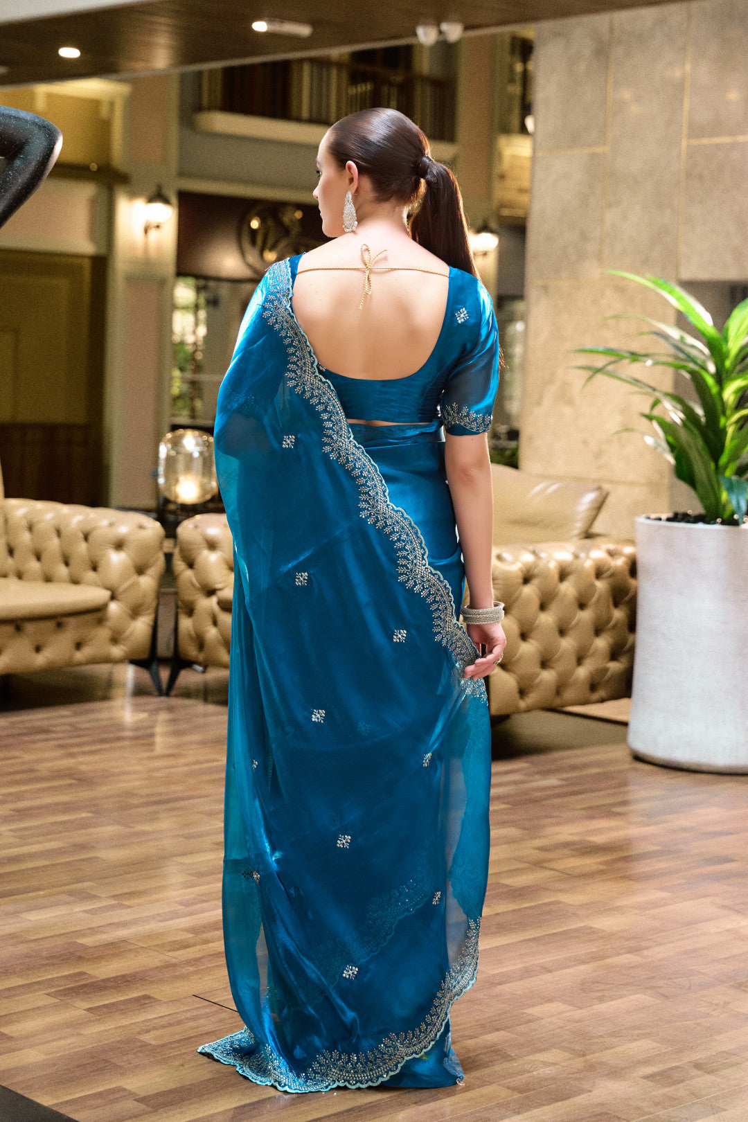 Blue Fancy Shimmer Chiffon Saree With Embroidery Work