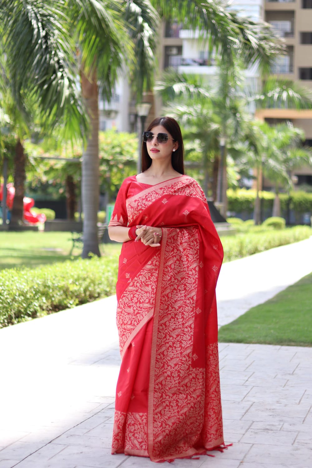 Red Color Soft Handloom Raw Silk Saree With Weaving Work