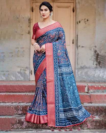 Navy Blue Digital Kalamkari Printed Tussar Silk Saree With Zari Motif Border