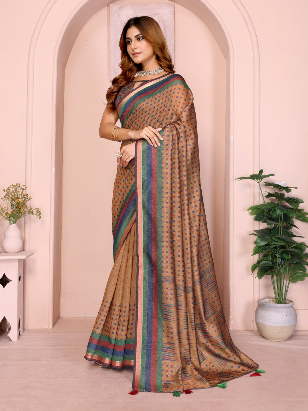 Beige Colour Chanderi Cotton Saree With Digital Printed Work