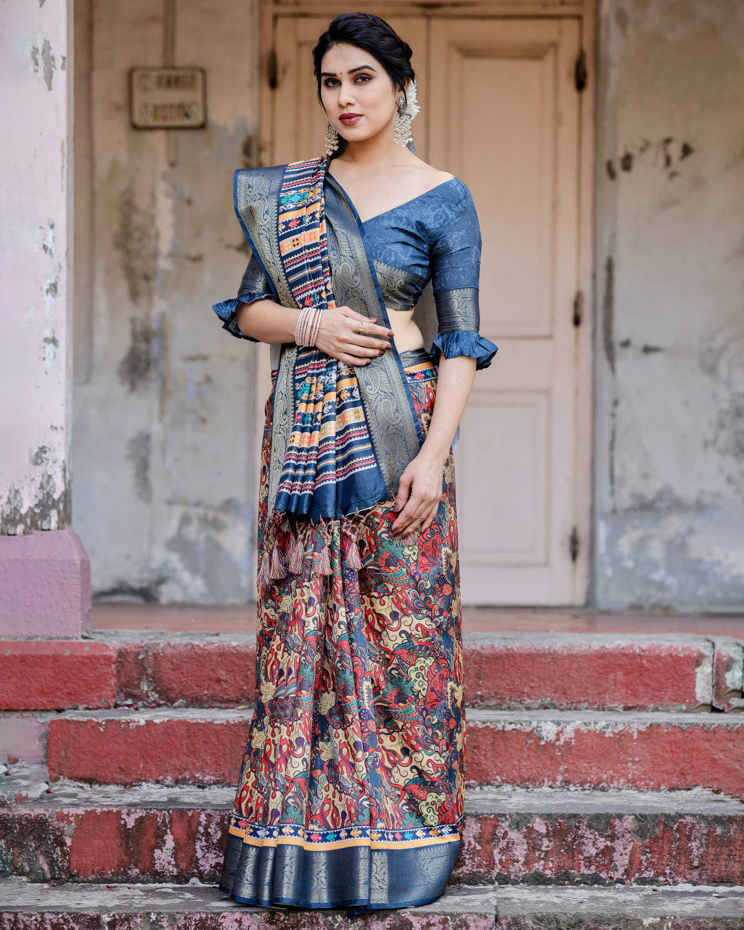 Multi Digital Kalamkari Printed Tussar Silk Saree With Zari Motif Border