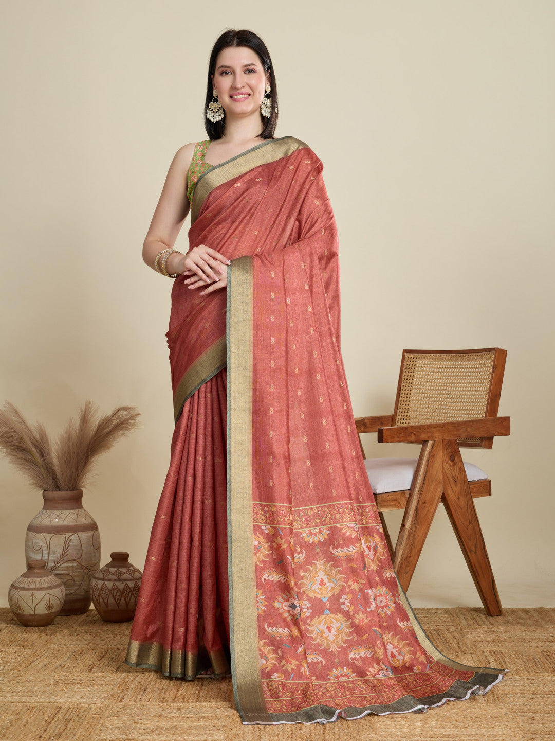 Red Soft Cotton Saree With Kalamkari Printed Pallu & Zari Border