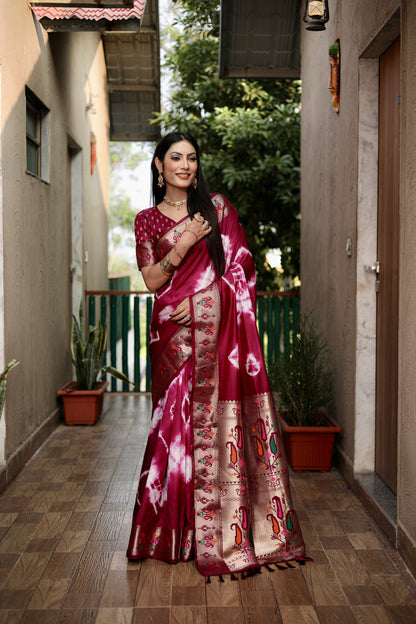 Magenta Color Soft Dola Silk Saree With Shibori Print & Zari Weaving Work