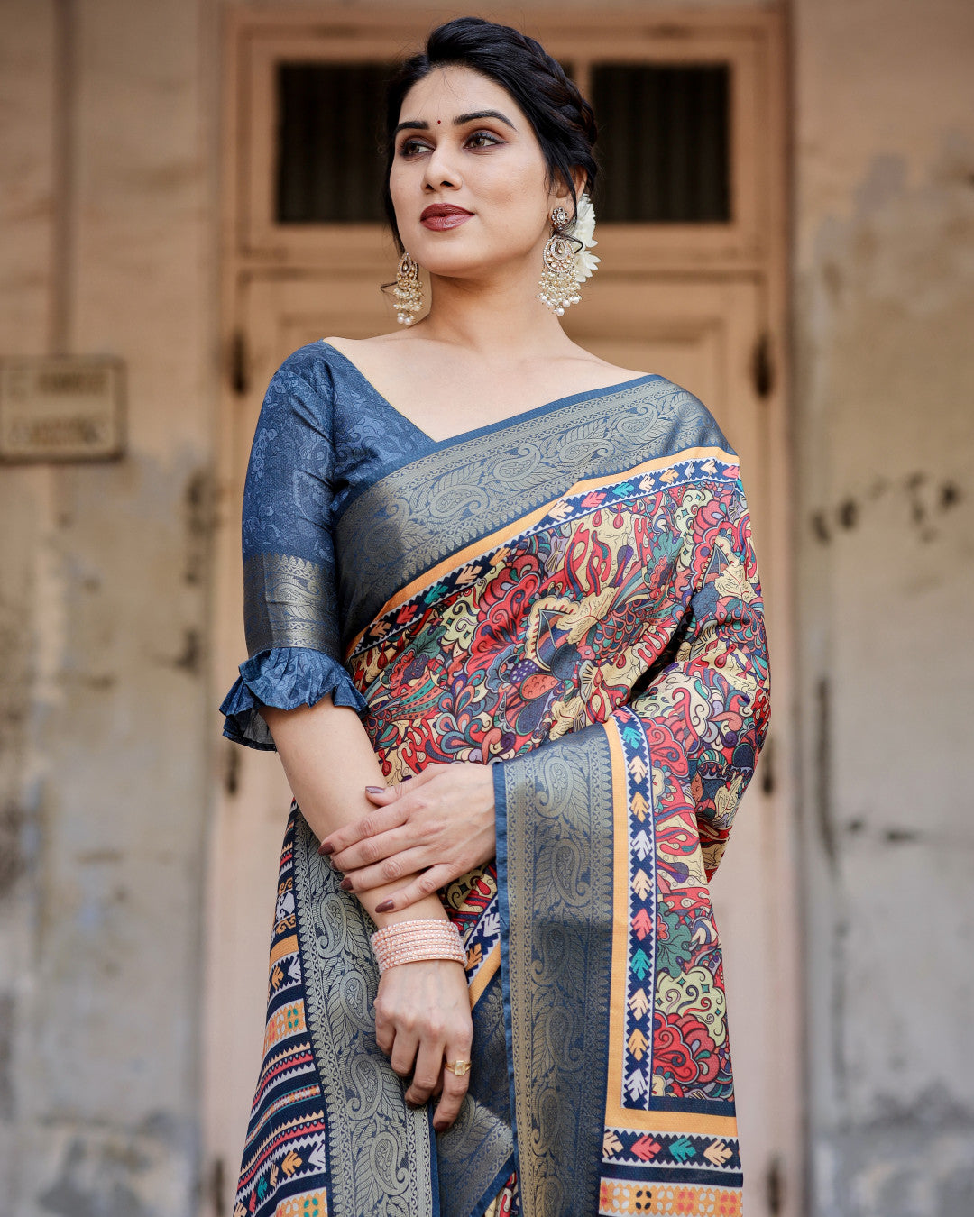 Multi Digital Kalamkari Printed Tussar Silk Saree With Zari Motif Border