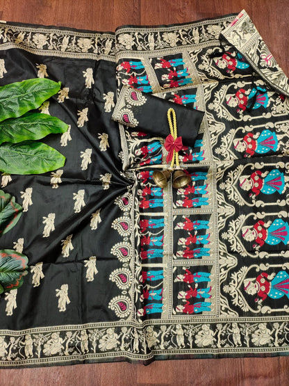 Black Traditional Handloom Raw Silk Saree With Woven Design