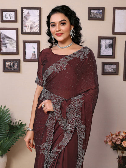 Fancy Coffee Rangoli Silk Saree With Diamond Work