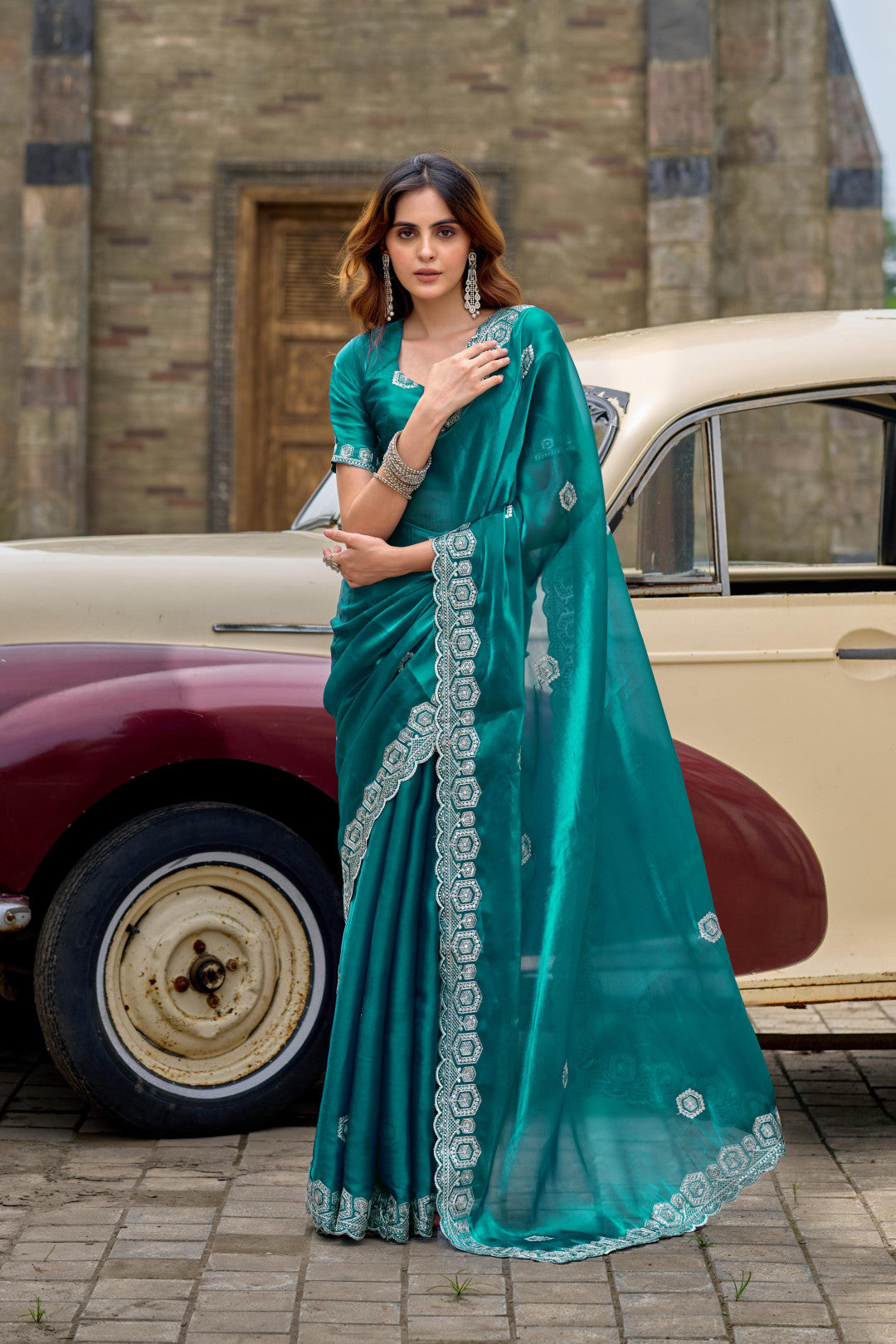 Rama Green Fancy Shimmer Chiffon Saree With Embroidery Work