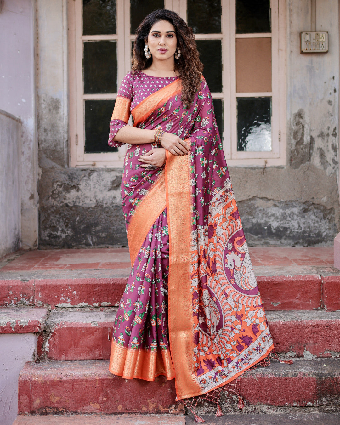 Magenta Kalamakari Digital Printed Tussar Silk Saree With Zari Motif Border