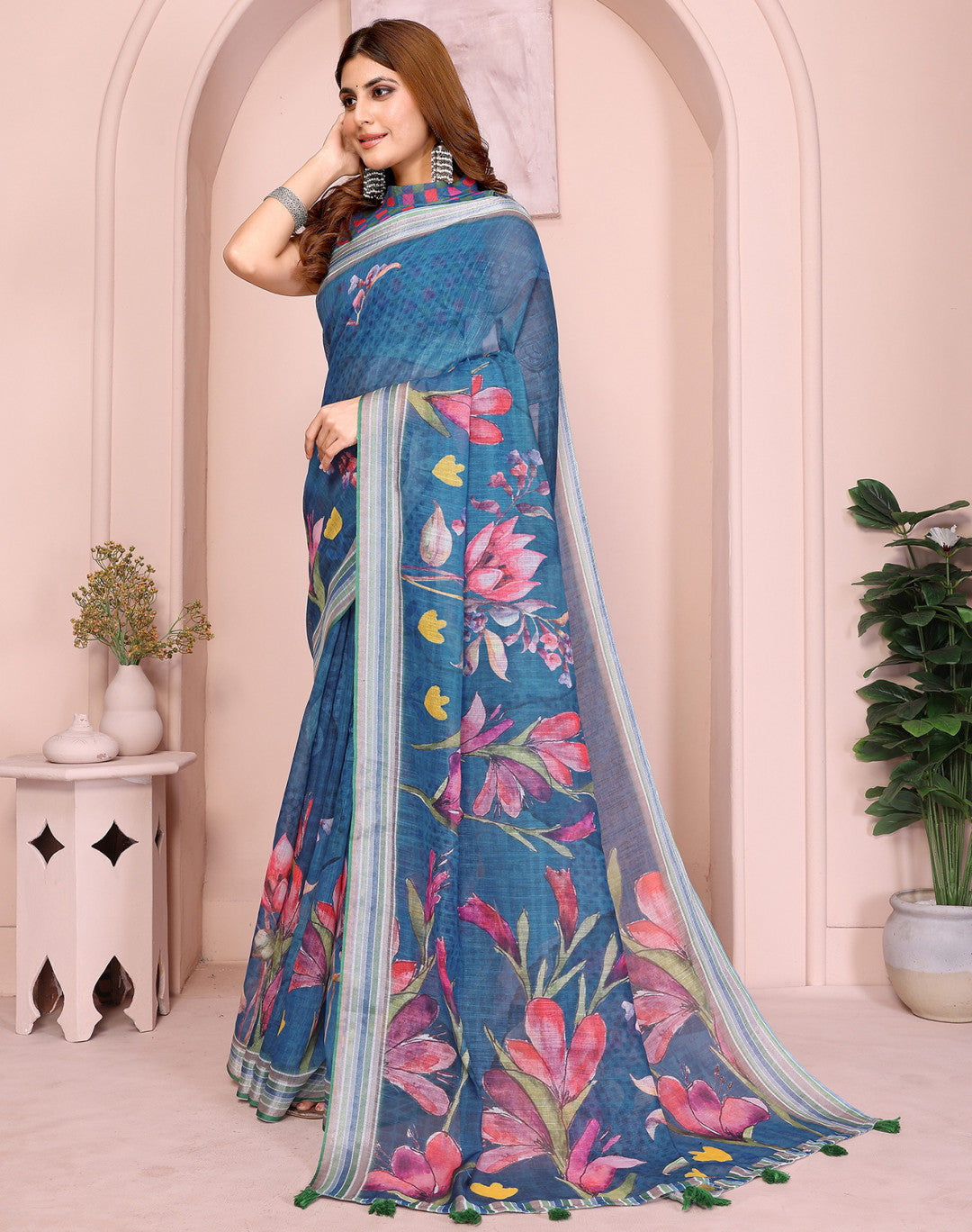 Blue Linen Cotton Saree With Digital Printed Work And Silver Zari Border