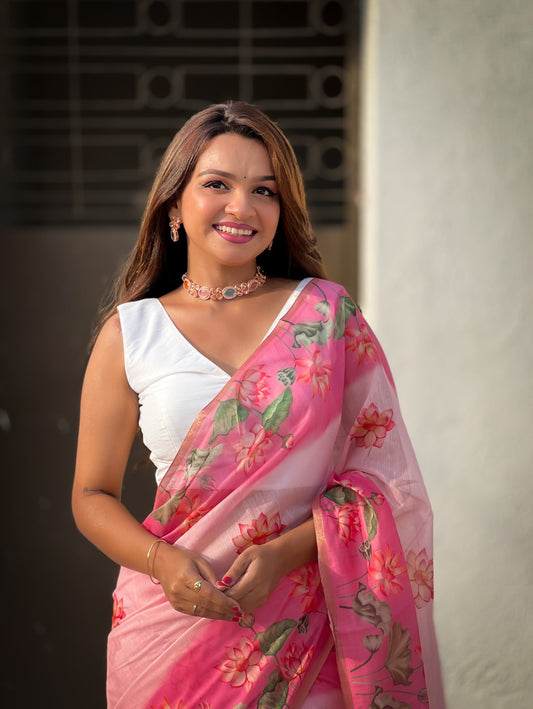 Pink Pichwai Printed Chanderi Cotton Saree
