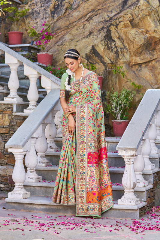 Pista Green Color Banarasi Silk Saree With Zari Weaving Work