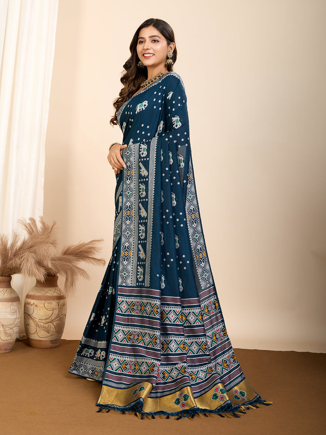 Traditional Muslin Dola Silk Saree With Meenakari Zari Weaving Work