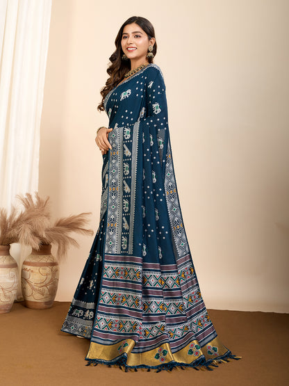 Traditional Muslin Dola Silk Saree With Meenakari Zari Weaving Work