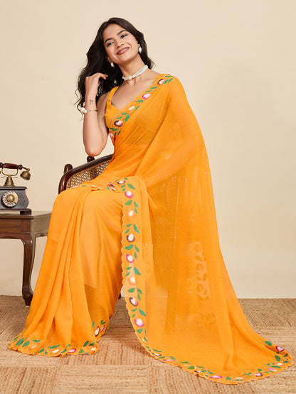 Yellow Color Georgette Saree With Brush Print And Siroski Work