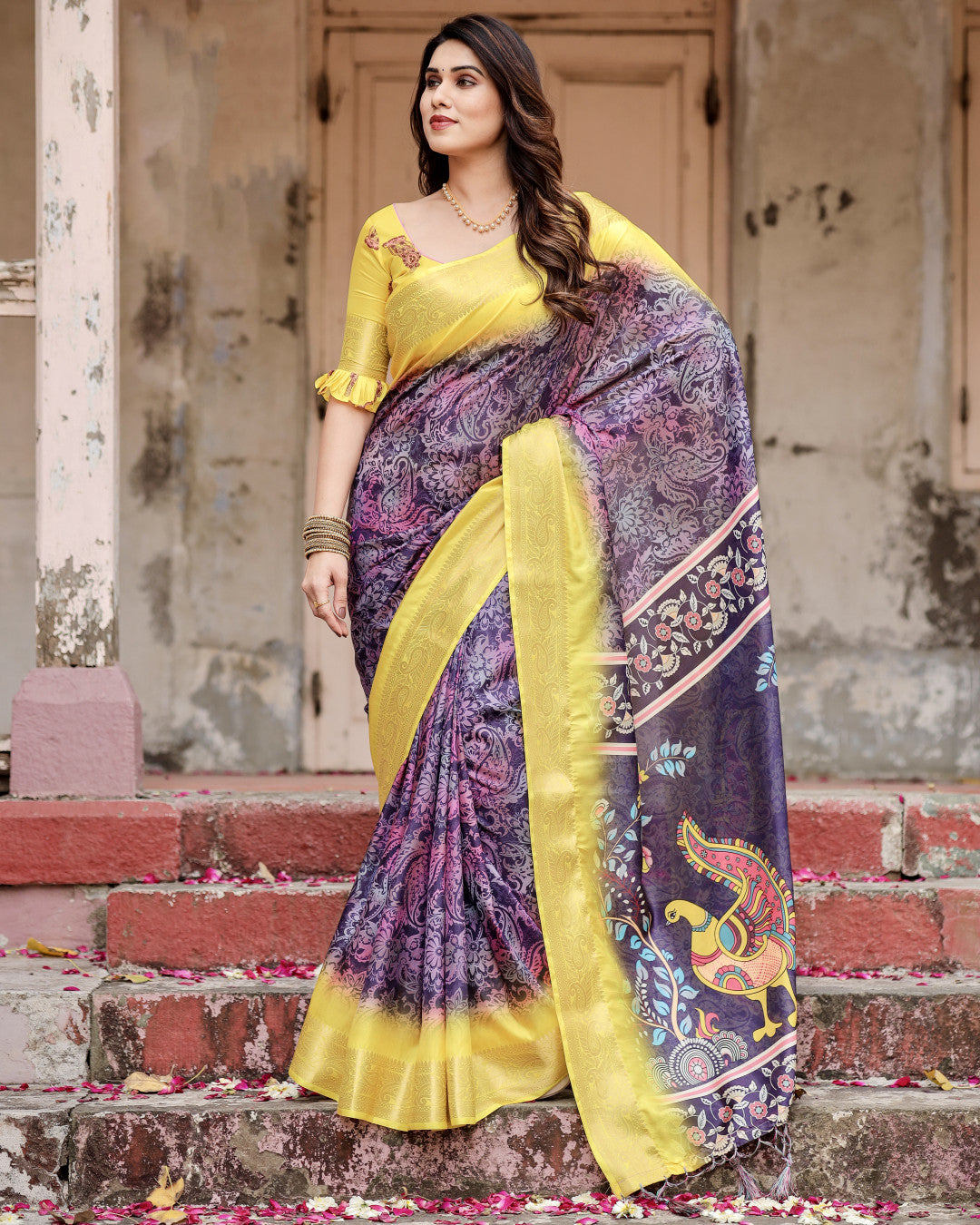 Magenta Kalamkari Digital Printed Dola Silk Saree With Gold Zari Border
