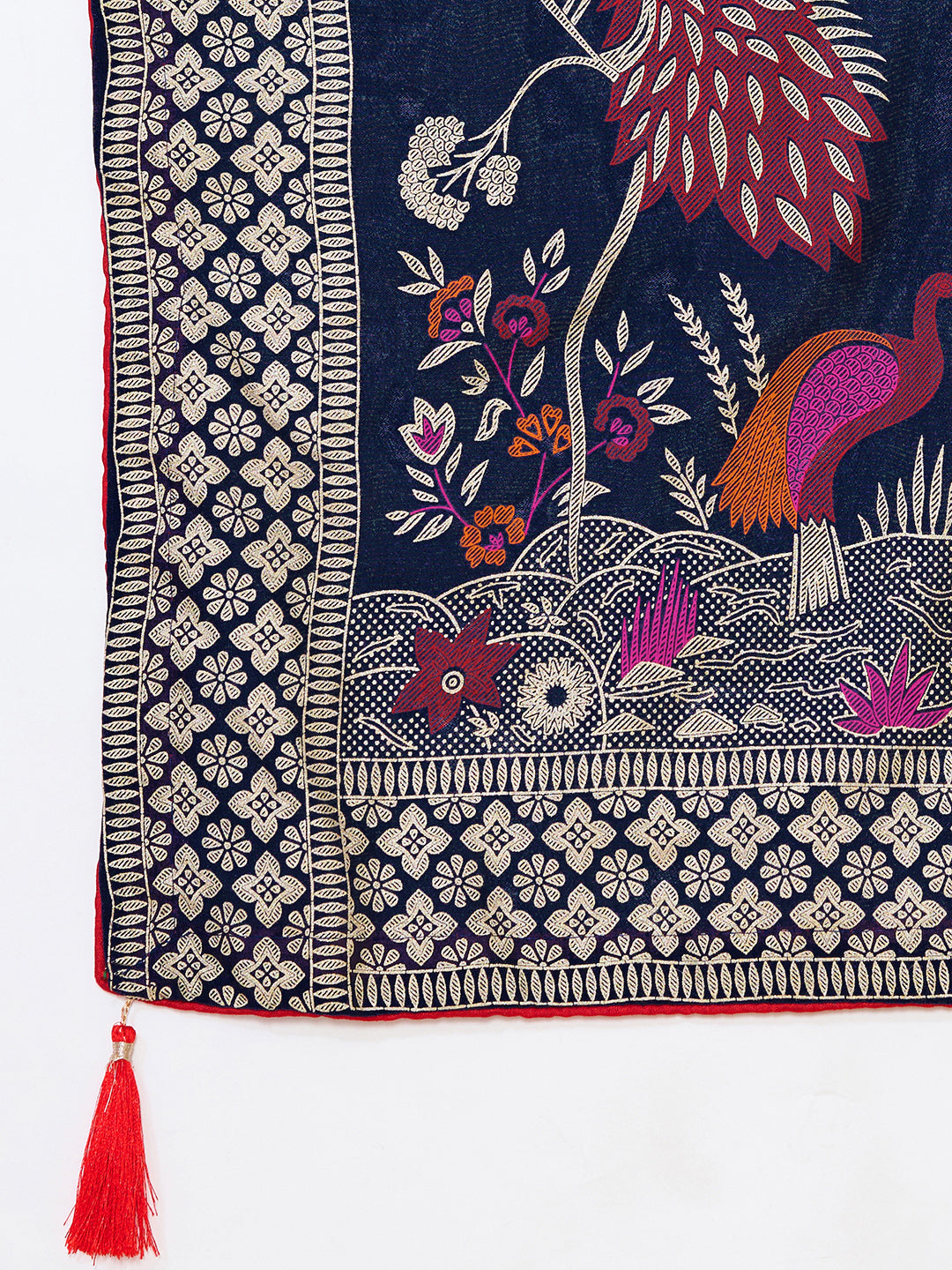 Navy Blue Cotton Saree With Table Printed And Foil Work With Pipeing Border
