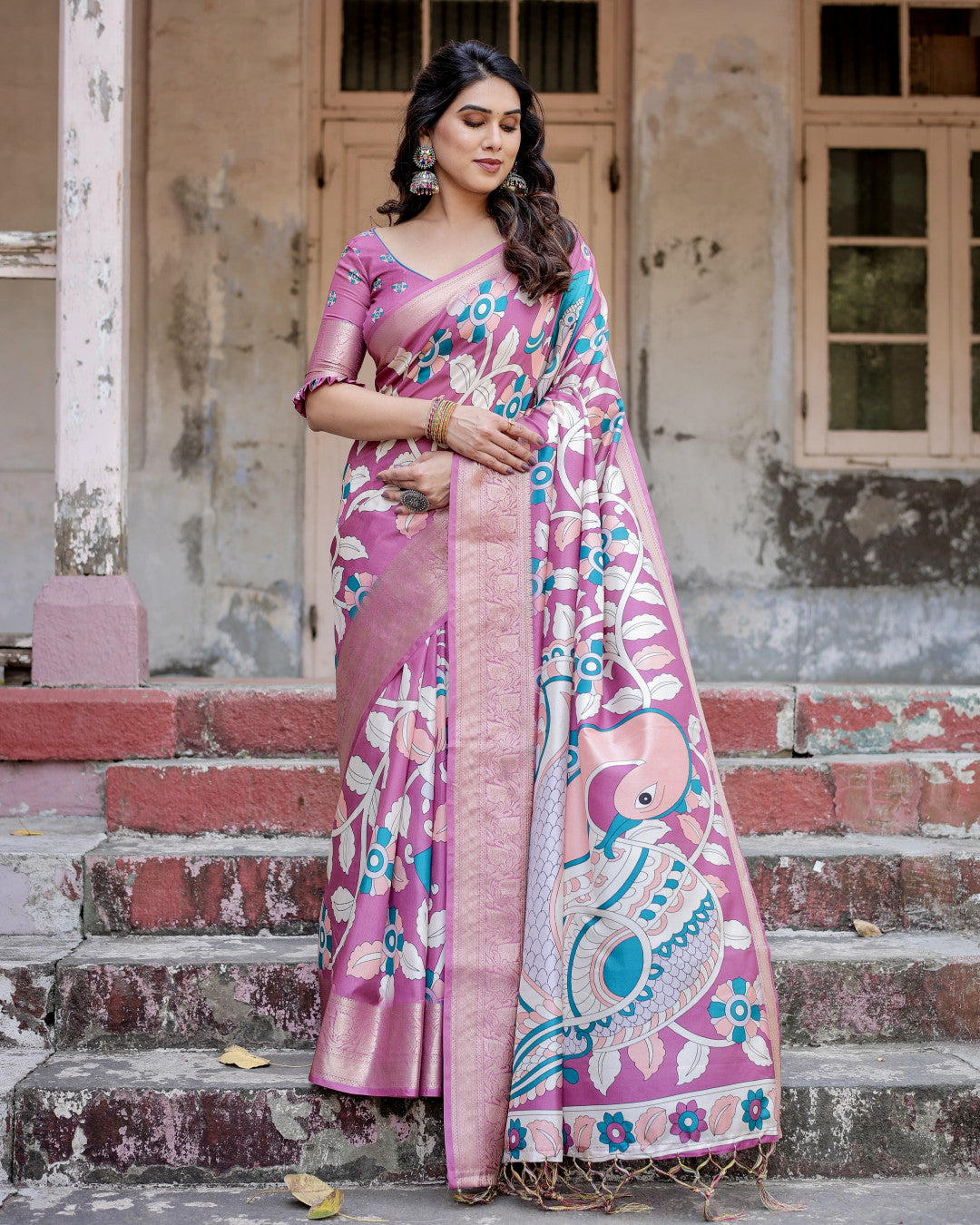 Light Magenta Kalamkari Digital Printed Tussar Silk Saree With Zari Motif Border