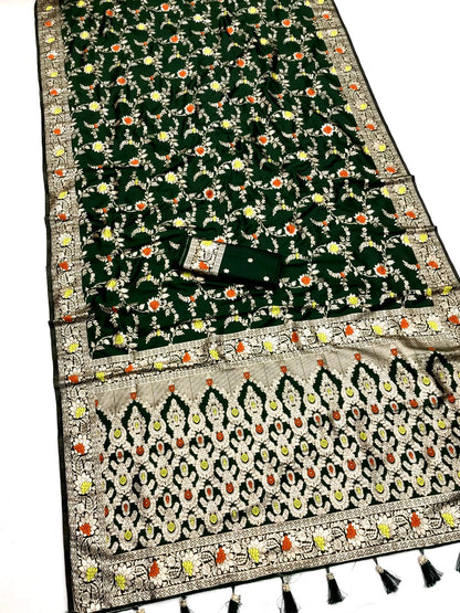 Dark Green Banarasi Silk Saree With Meenakari Zari Weaving Work
