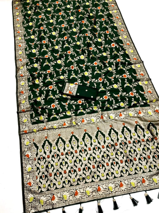 Dark Green Banarasi Silk Saree With Meenakari Zari Weaving Work