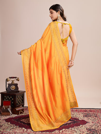 Fancy Yellow Soft Vichitra Silk Saree With Embroidery Work