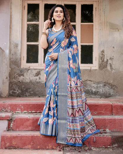 Blue Digital Kalamkari Printed Tussar Silk Saree With Zari Motif Border
