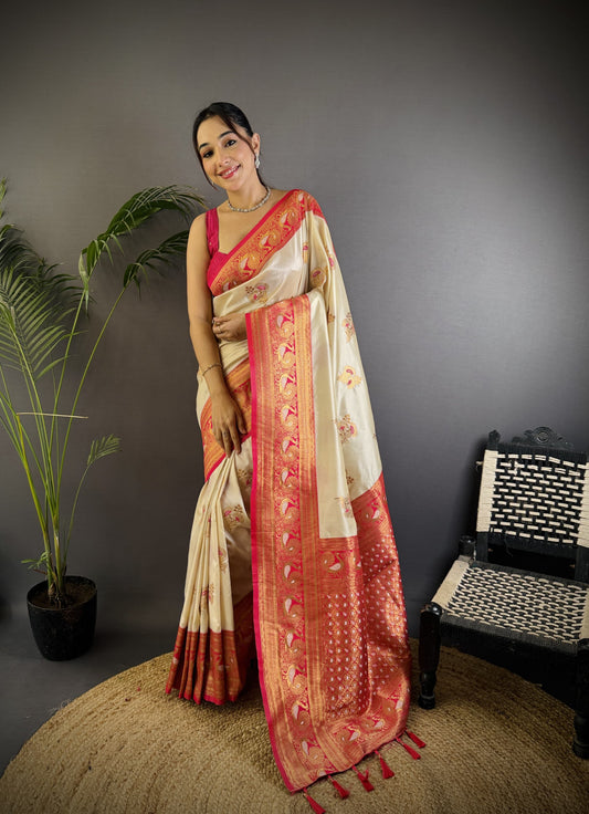 Off White Traditional Banarasi Silk Saree With Zari Weaving Work