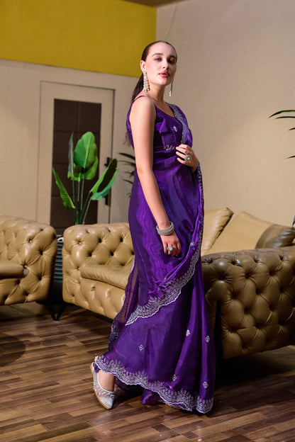 Purple Fancy Shimmer Chiffon Saree With Embroidery Work