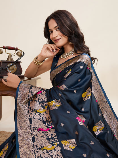 Navy Blue Soft Satin Silk Saree With Zari Weaving Work And Paithani Pallu