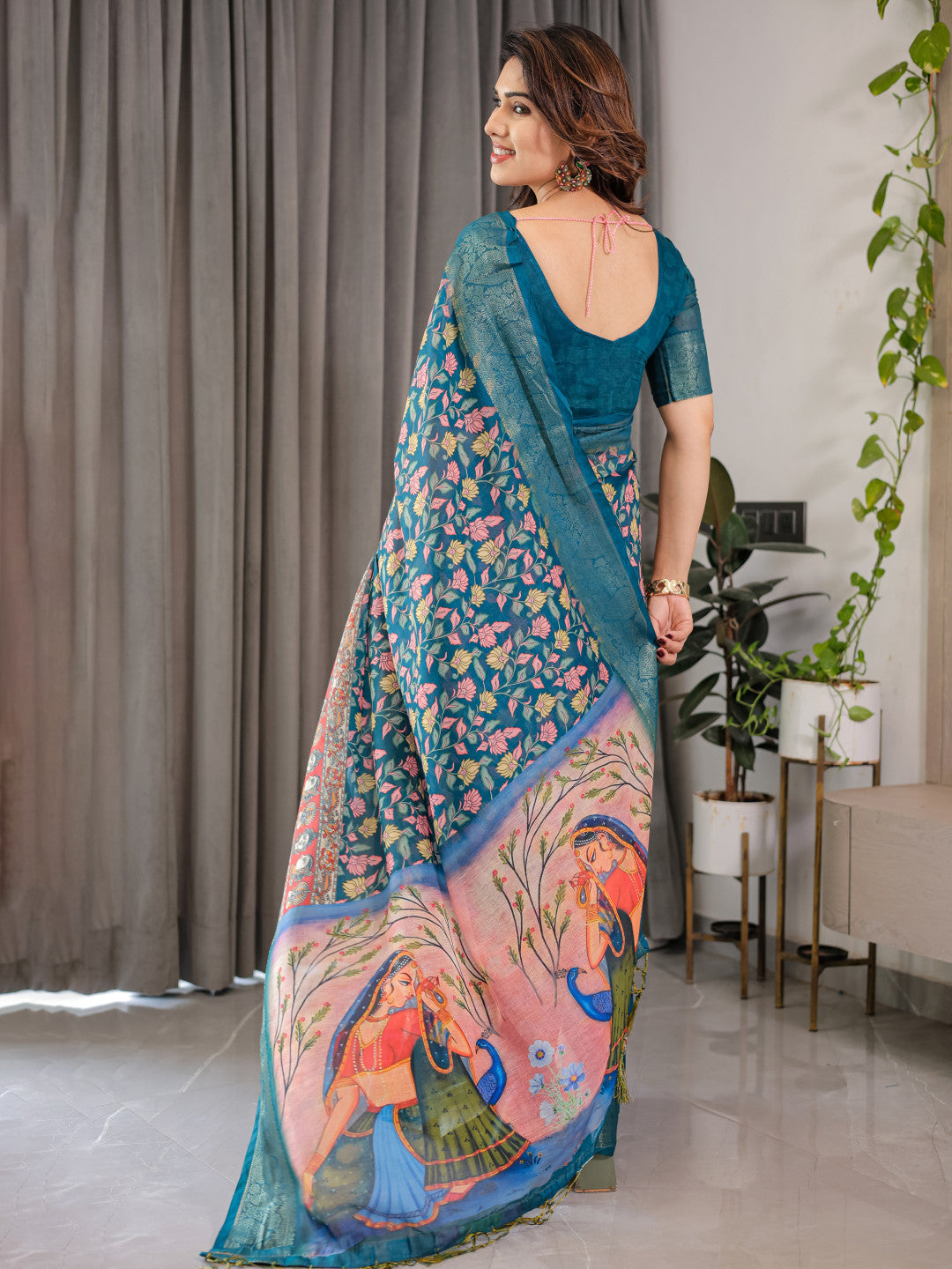 Multi Kalamkari Digital Printed Linen Cotton Saree