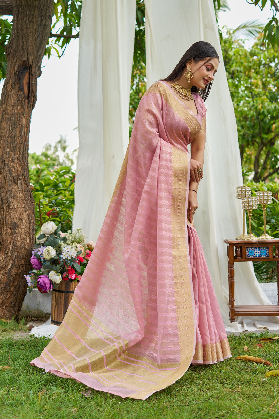 Baby Pink Colour Linen Cotton Saree With Zari Weaving Border