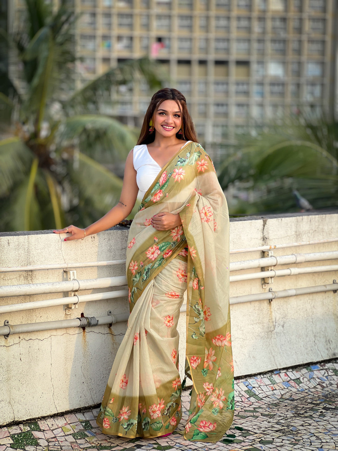 Mahendi Green Pichwai Printed Chanderi Cotton Saree