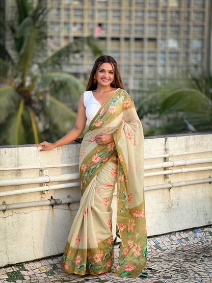 Mahendi Green Pichwai Printed Chanderi Cotton Saree