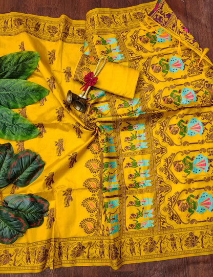 Yellow Traditional Handloom Raw Silk Saree With Woven Design