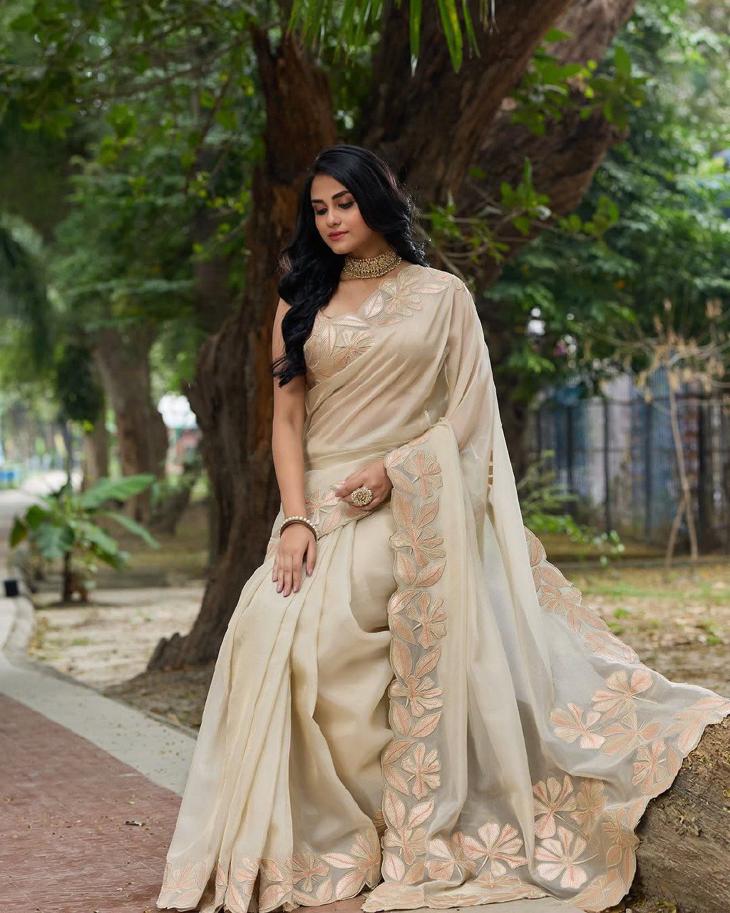 Beige Organza Silk Saree With Sequence Embroidery With Beautiful Cutting Border