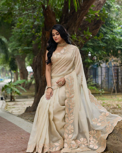 Beige Organza Silk Saree With Sequence Embroidery With Beautiful Cutting Border