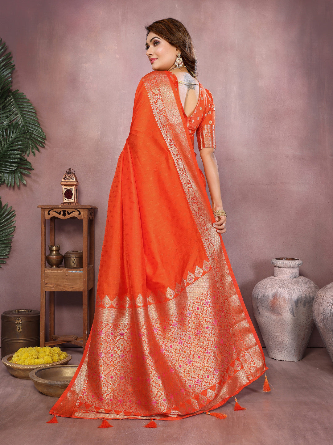 Orange Premium Dola Silk Saree With Meenakari Weaving Work