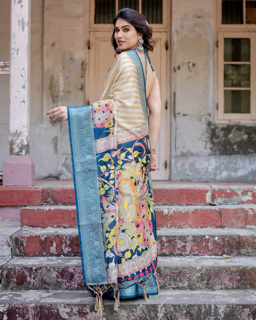 Multi Kalamkari Digital Printed Tussar Silk Saree With Zari Motif Border