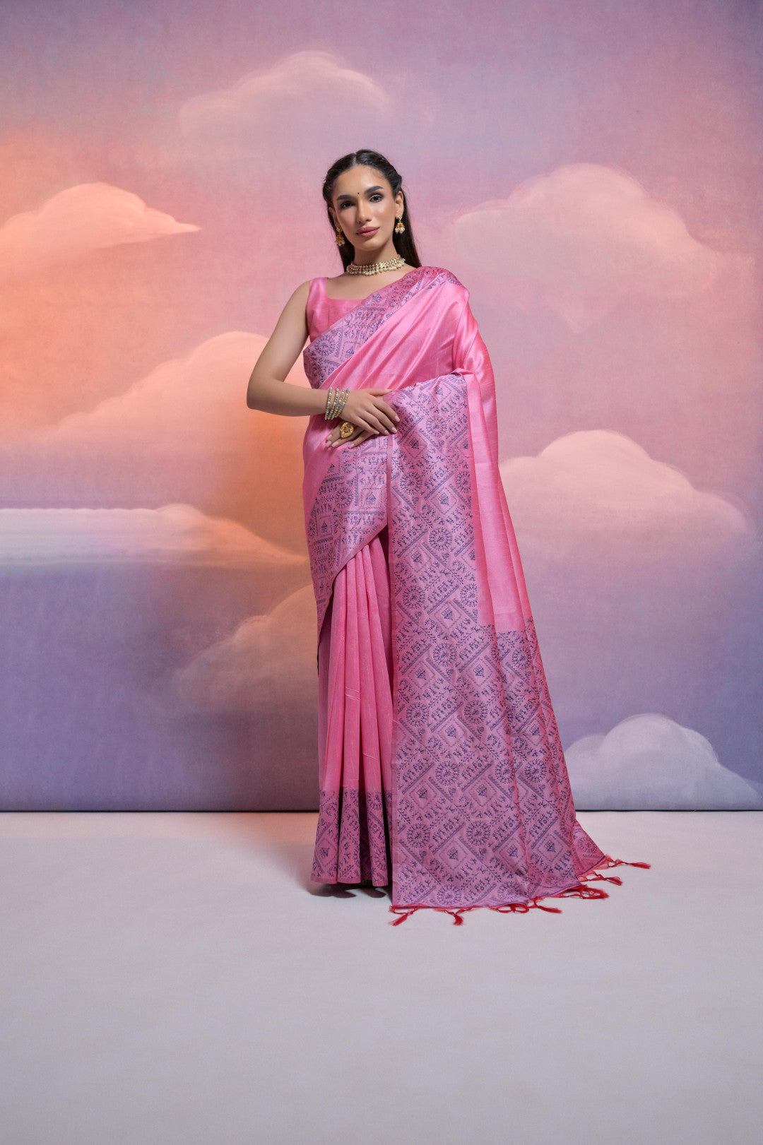 Baby Pink Color Handloom Raw Silk Saree With Contrast Weaving Work