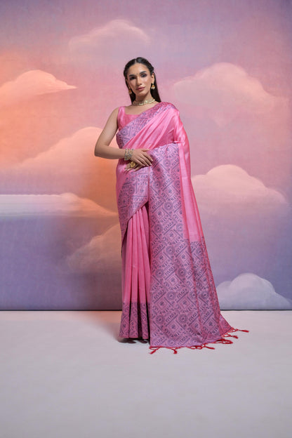 Baby Pink Color Handloom Raw Silk Saree With Contrast Weaving Work